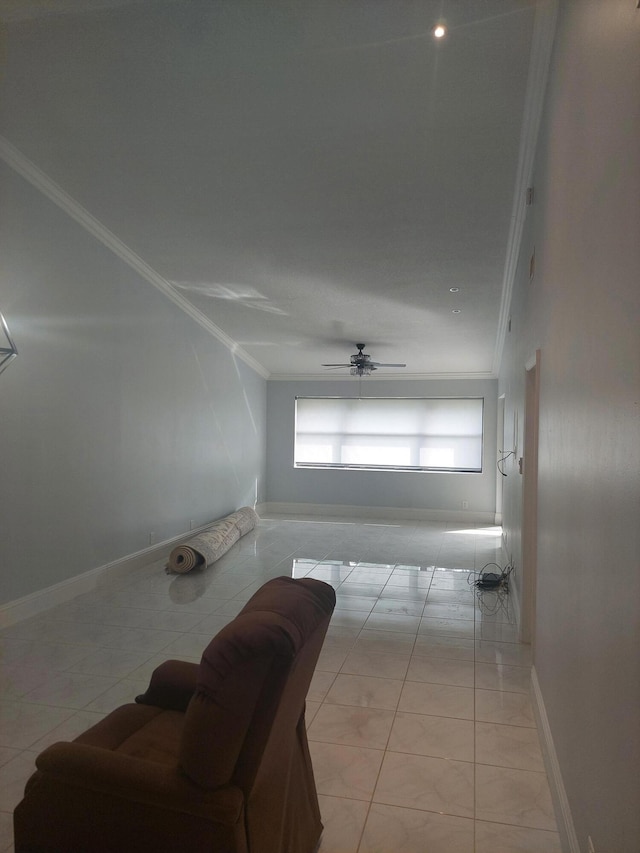 living room with ceiling fan, light tile patterned flooring, lofted ceiling, and crown molding