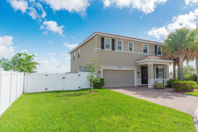 view of front of property featuring a front yard and a garage