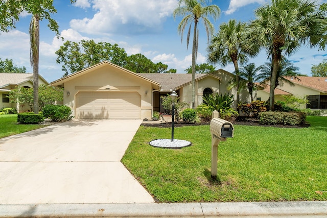 ranch-style house with a front yard and a garage