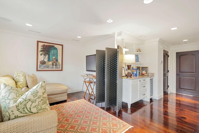 living room featuring crown molding and dark wood-type flooring