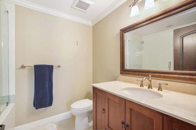 bathroom with tile patterned floors, an enclosed shower, ornamental molding, vanity, and toilet