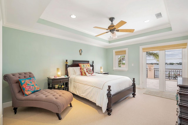 bedroom with a raised ceiling, ceiling fan, access to exterior, and carpet flooring