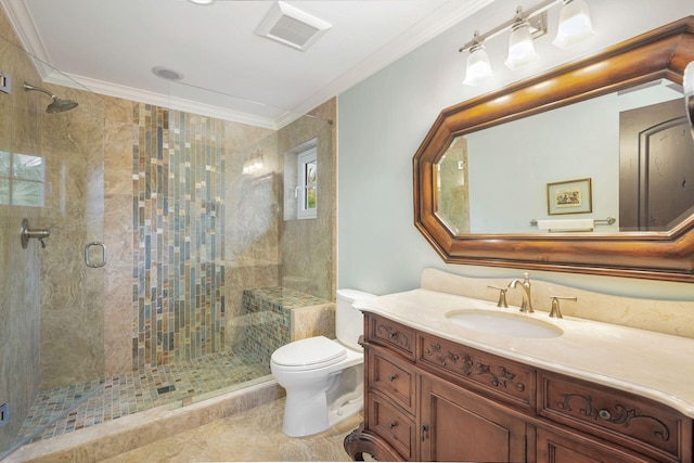 bathroom featuring vanity, toilet, a shower with shower door, and crown molding