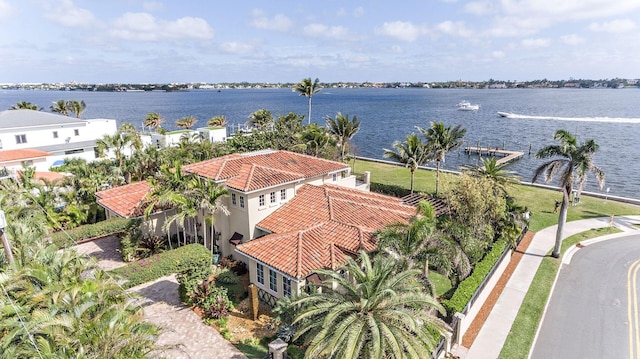 drone / aerial view with a water view