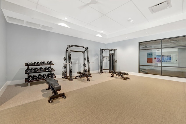 exercise room featuring a raised ceiling and carpet