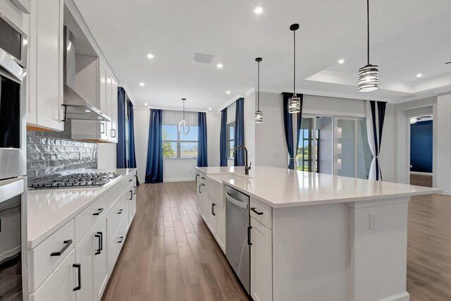 kitchen featuring a large island, hanging light fixtures, white cabinetry, and stainless steel appliances