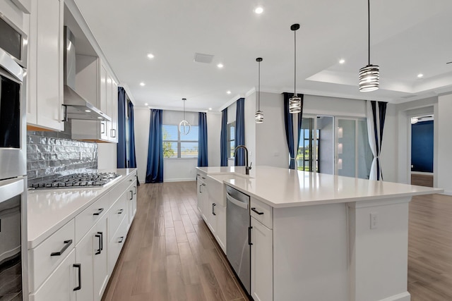 kitchen featuring hardwood / wood-style flooring, decorative light fixtures, stainless steel appliances, and a large island with sink