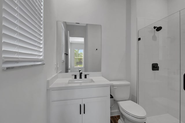 bathroom with vanity, a shower with door, and toilet