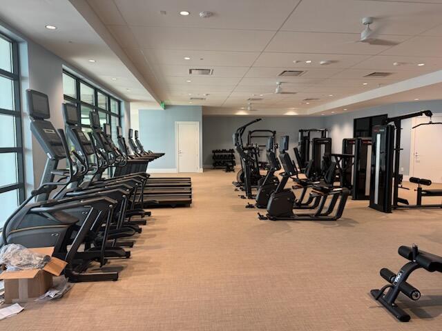 exercise room featuring a paneled ceiling and light colored carpet