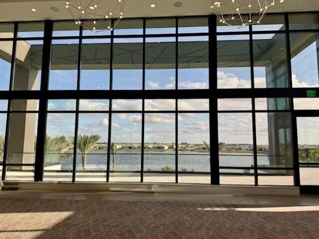 interior space with a water view