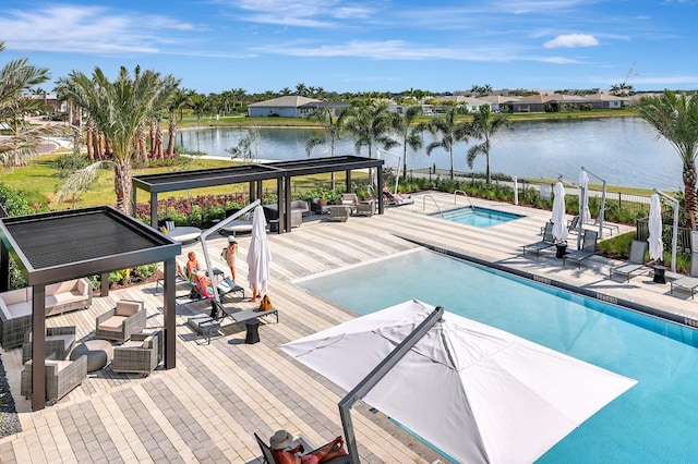 view of pool featuring a jacuzzi, an outdoor hangout area, a gazebo, and a water view