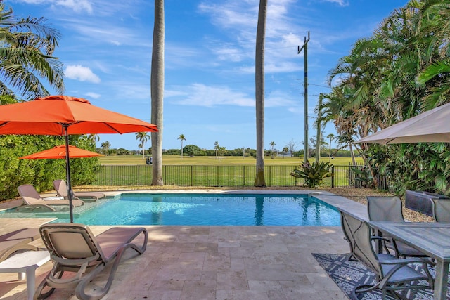 view of swimming pool featuring a patio area, a fenced backyard, and a fenced in pool