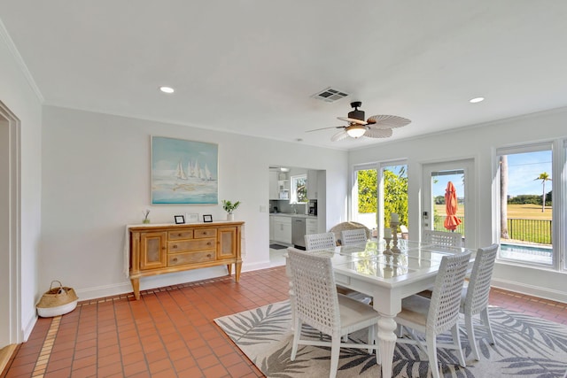 dining area featuring baseboards, a ceiling fan, visible vents, and recessed lighting