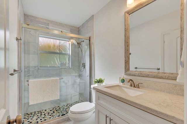 full bath with toilet, vanity, a shower stall, and radiator