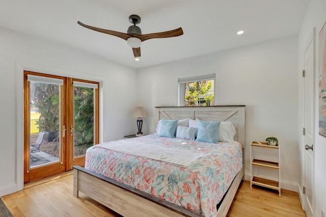 bedroom with ceiling fan, access to exterior, and light hardwood / wood-style flooring