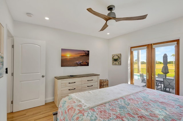 bedroom with a ceiling fan, light wood-type flooring, baseboards, access to outside, and recessed lighting