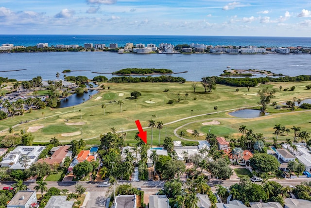 bird's eye view with a water view