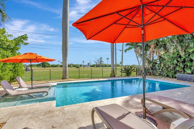 view of pool featuring a fenced in pool, a patio area, fence, and a lawn