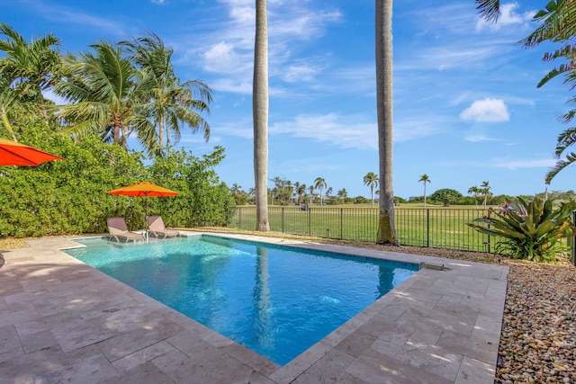 view of swimming pool featuring fence, a patio area, and a fenced in pool