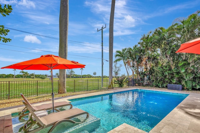view of swimming pool featuring a fenced backyard, a fenced in pool, and a yard
