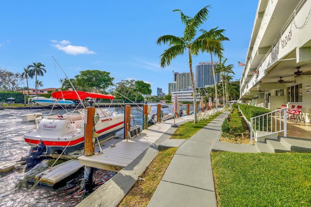 view of community with a boat dock and a water view