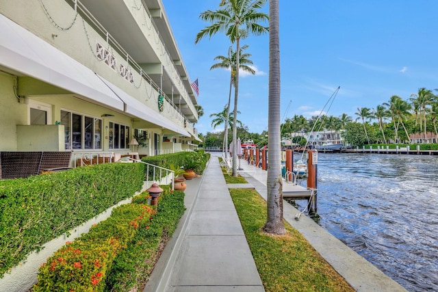 exterior space with a water view