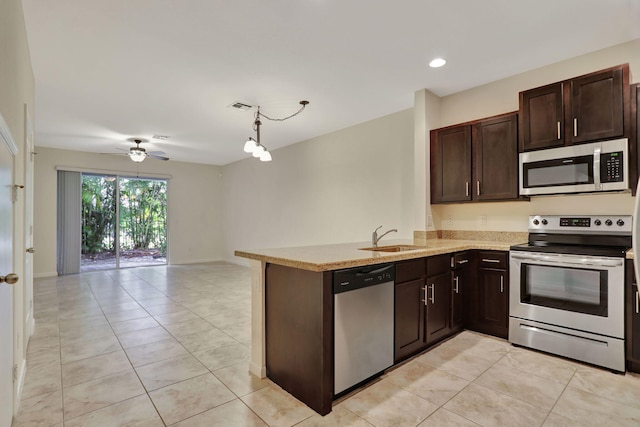 kitchen featuring ceiling fan, sink, hanging light fixtures, kitchen peninsula, and appliances with stainless steel finishes