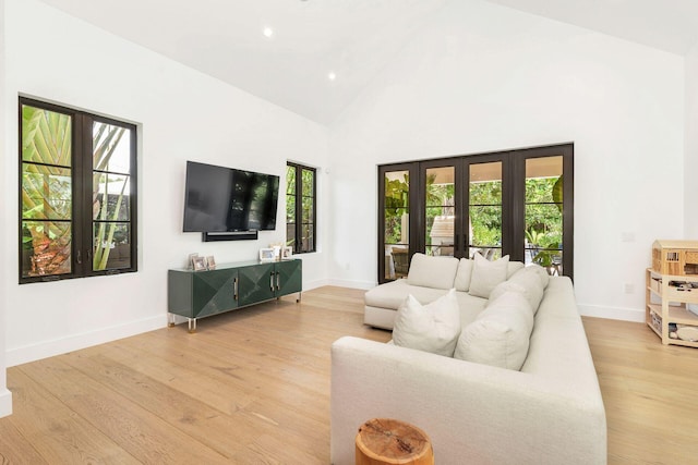 living room with french doors, a healthy amount of sunlight, and hardwood / wood-style flooring