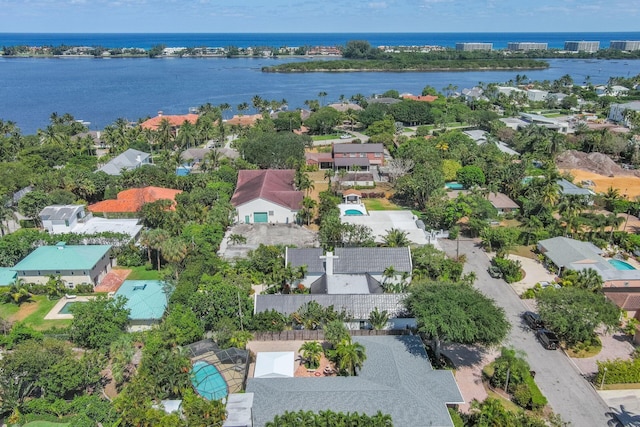 drone / aerial view featuring a water view