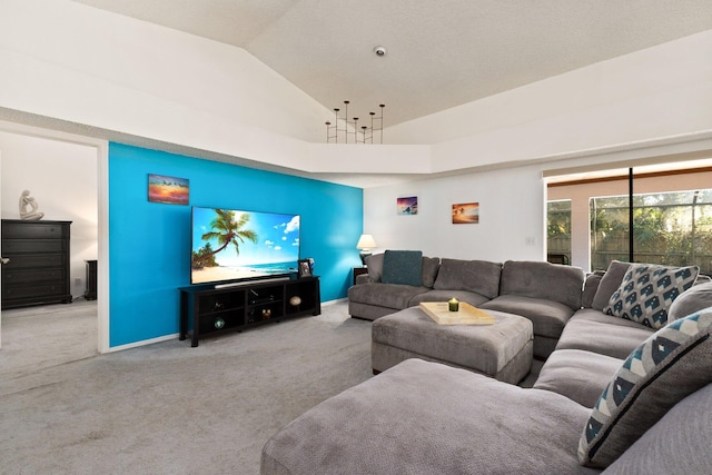 living room with carpet flooring and lofted ceiling