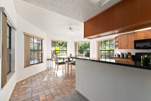 kitchen with black appliances, a textured ceiling, a wealth of natural light, and vaulted ceiling