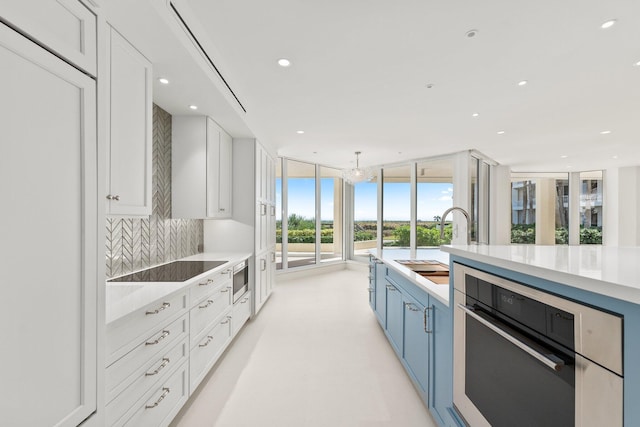 kitchen with backsplash, expansive windows, stainless steel appliances, blue cabinetry, and white cabinetry