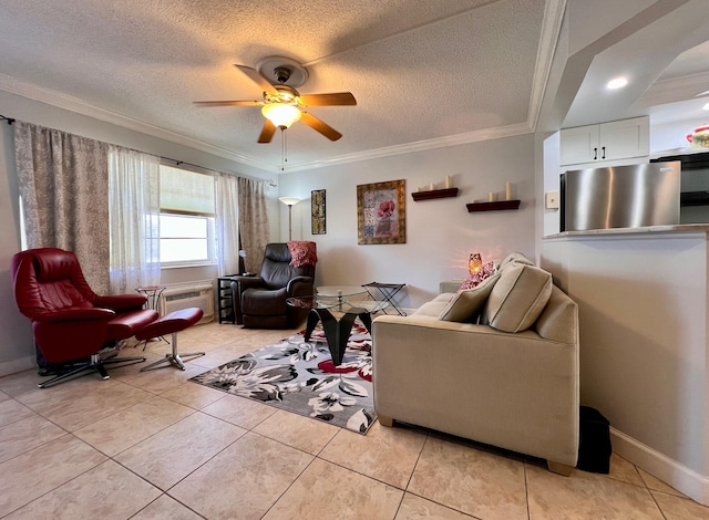 living room with crown molding, light tile patterned flooring, and a textured ceiling