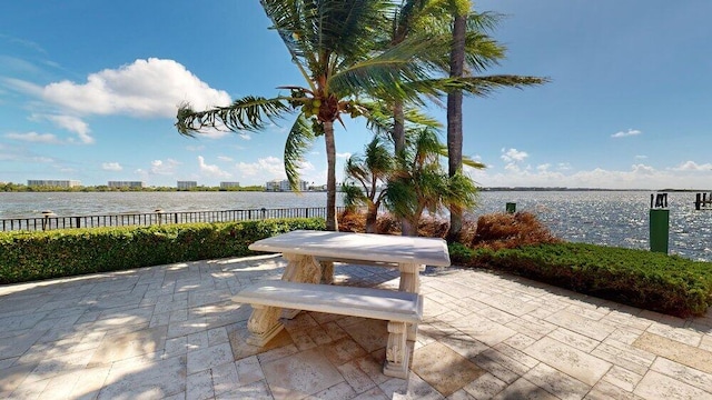 view of patio / terrace featuring a water view