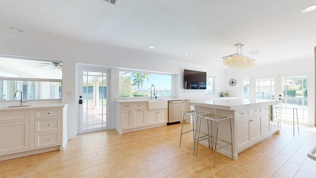 kitchen featuring stainless steel dishwasher, a center island, light wood-type flooring, and sink