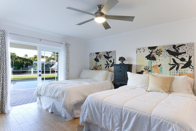 bedroom featuring access to exterior, ceiling fan, ornamental molding, and light wood-type flooring