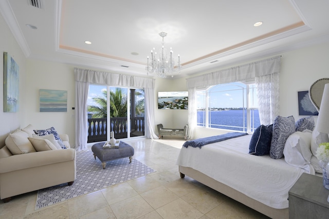 tiled bedroom featuring a tray ceiling, access to exterior, crown molding, and a water view