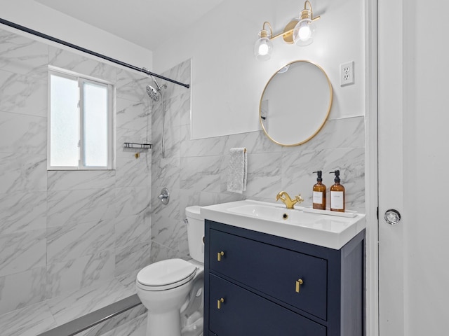 bathroom featuring toilet, vanity, tile walls, and tiled shower