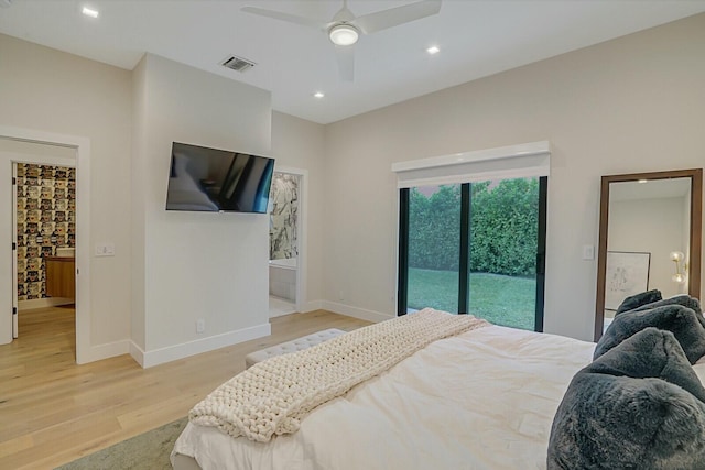 bedroom with access to outside, ceiling fan, and light wood-type flooring