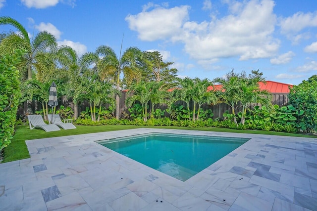 view of pool with a lawn and a patio area