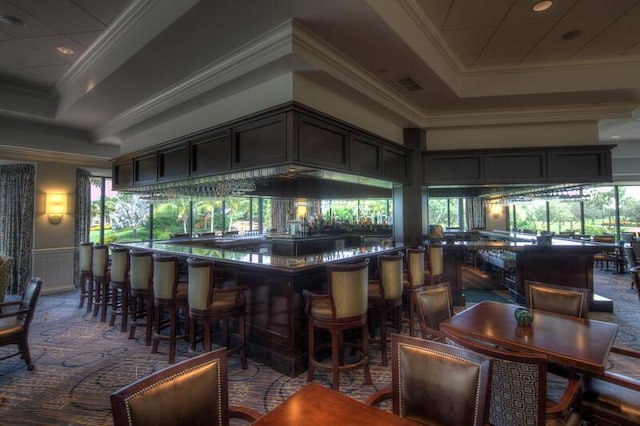 bar featuring carpet floors, a raised ceiling, and ornamental molding