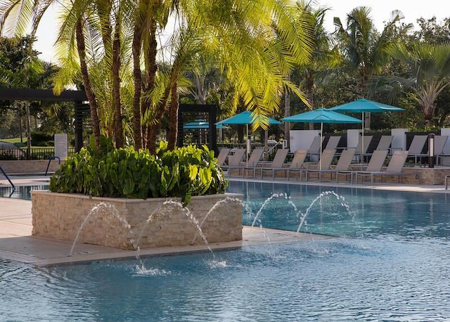 view of pool featuring pool water feature