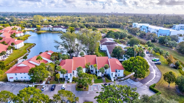 bird's eye view with a water view