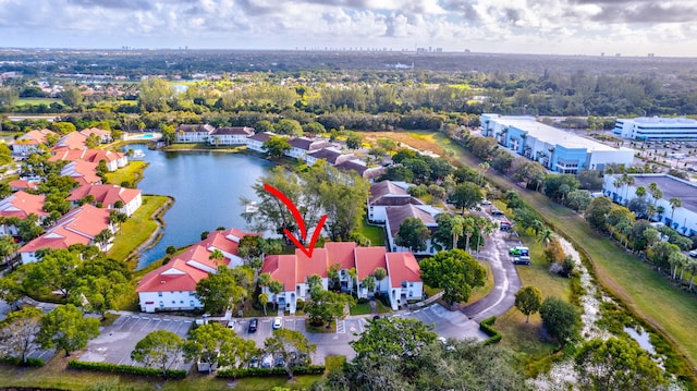 drone / aerial view featuring a water view