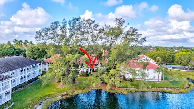 aerial view featuring a water view