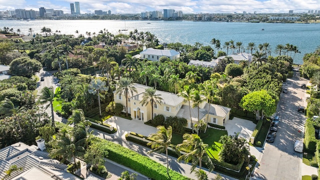 drone / aerial view featuring a water view