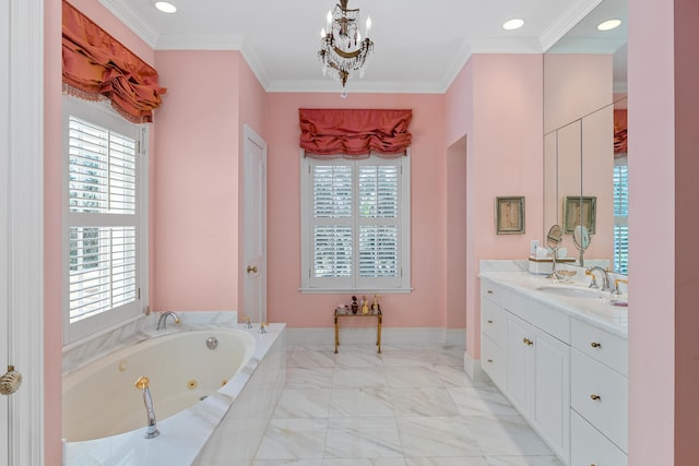 bathroom featuring vanity, crown molding, tiled tub, and an inviting chandelier