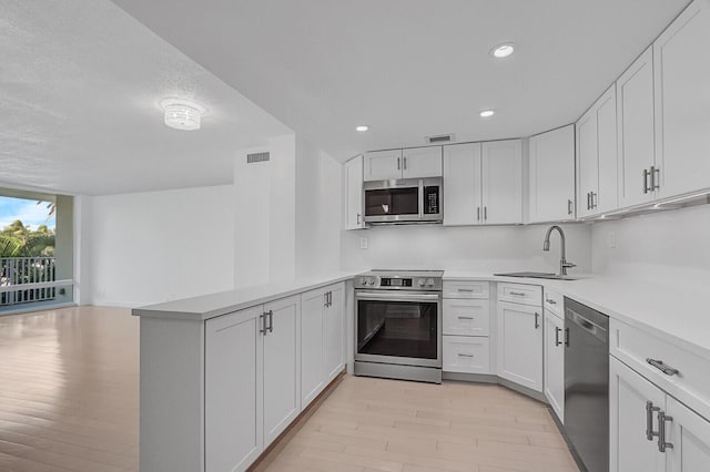 kitchen with white cabinets, sink, light wood-type flooring, kitchen peninsula, and stainless steel appliances