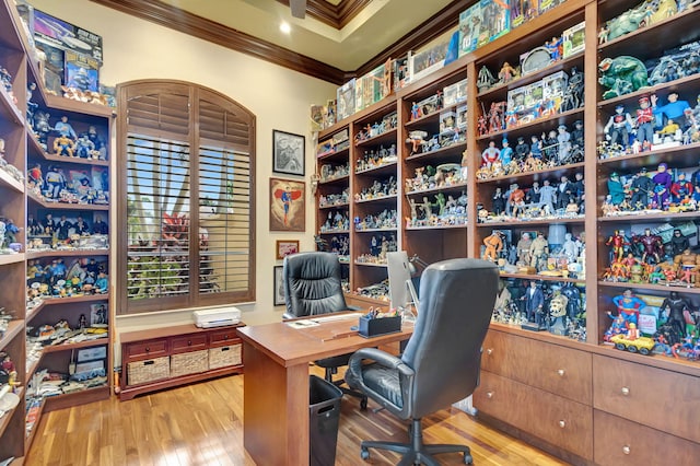 office featuring crown molding and light hardwood / wood-style flooring