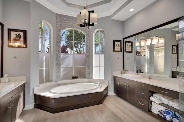 bathroom featuring a bathing tub, hardwood / wood-style floors, vanity, and crown molding